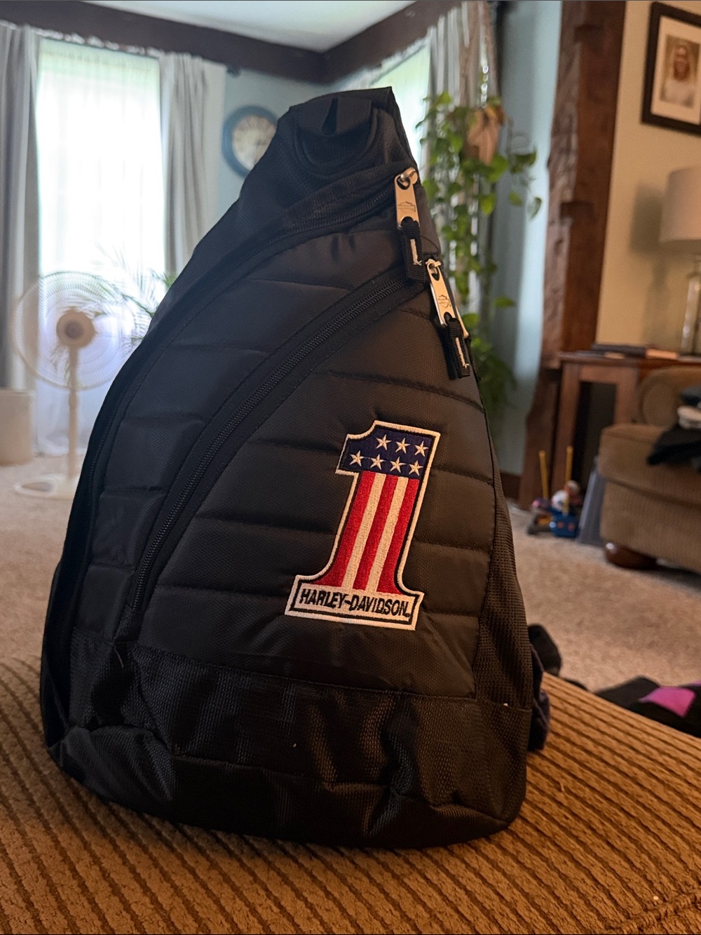 Harley-Davidson Black Sling Backpack with American Flag Number Patch
